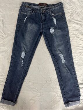 Dark Blue Distressed Boyfriend Jeans - Casual Relaxed Fit